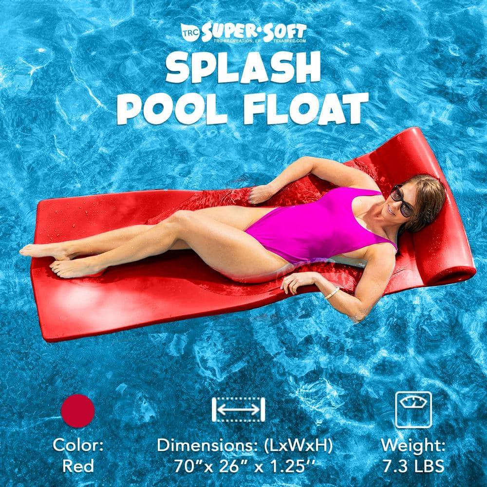 TRC Recreation Splash 1.25 Inch Thick Foam Outdoor Swimming Pool Float Mat Large Adult Lounger with Built-In Roll Pillow, Red