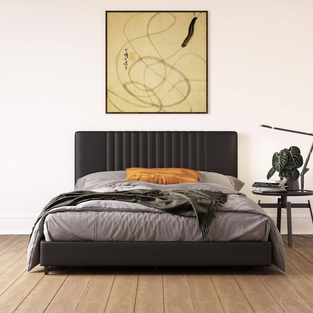 RealRooms Rio Faux Leather Upholstered Platform Bed with Tufted Headboard, Full, Black