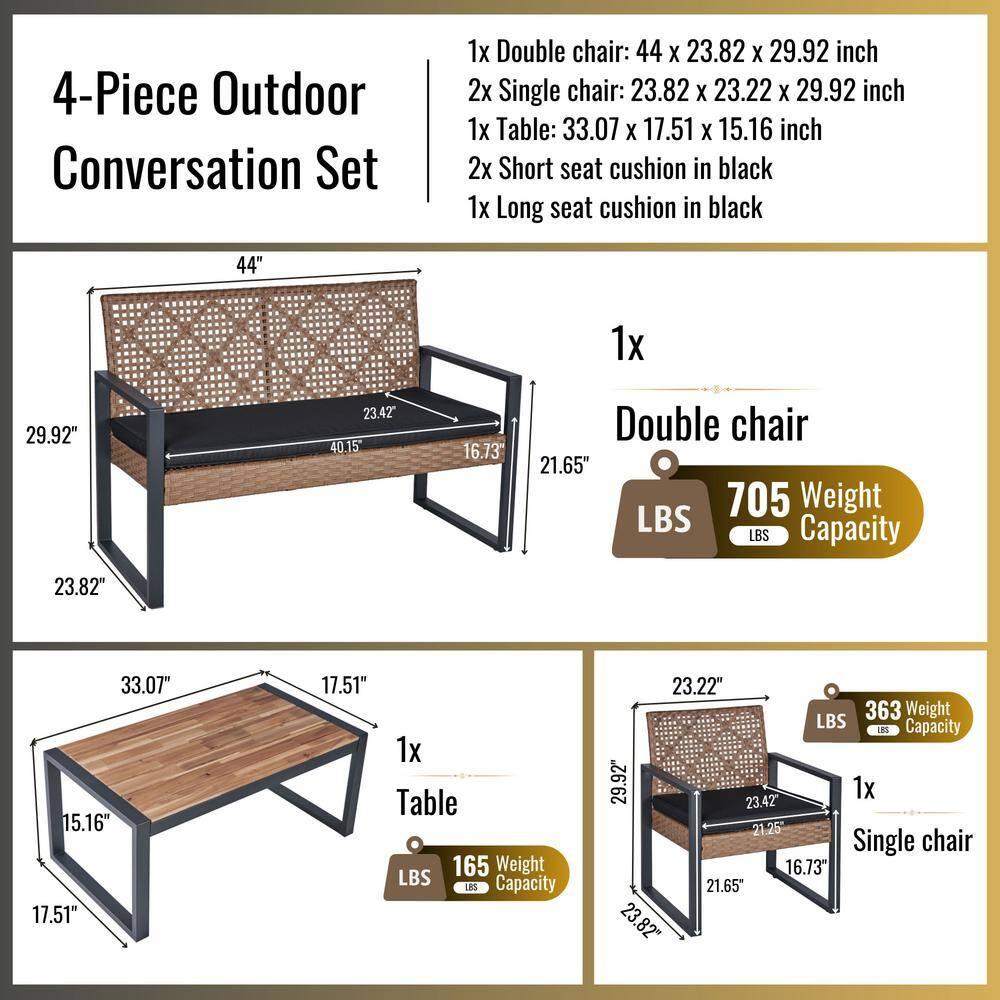 Patio Furniture Set for 4, Rattan Outdoor  Conversation Set with Wood Table, Brown PE Wicker Porch Sofa Set with Cushions, Porch Deck Poolside Furniture, Max 705LBS