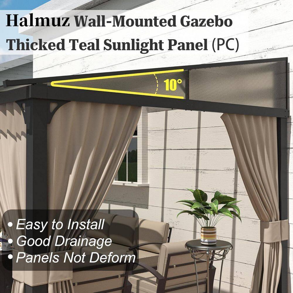 10 ft. x 12 ft. Brown Hardtop Wall Mounted Gazebo with Sloping Pitched Roof and Curtain Sand