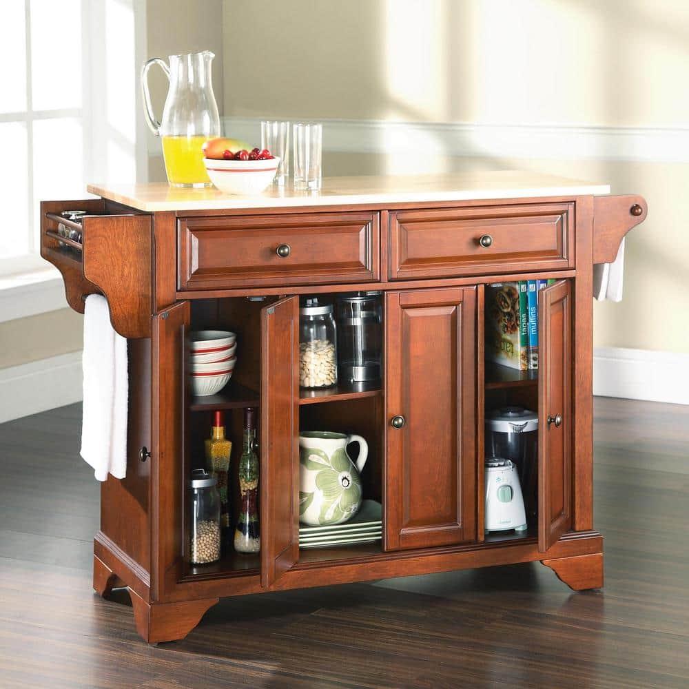 Crosley Lafayette Wood Top Full Size Kitchen Island/Cart Cherry/Natural: With Adjustable Shelves, Towel Bar, 5 Drawers