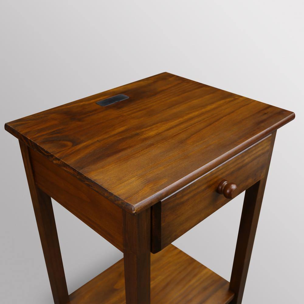 Casual Home Solid Wood Night Owl Bedside Nightstand with USB Ports, Warm Brown