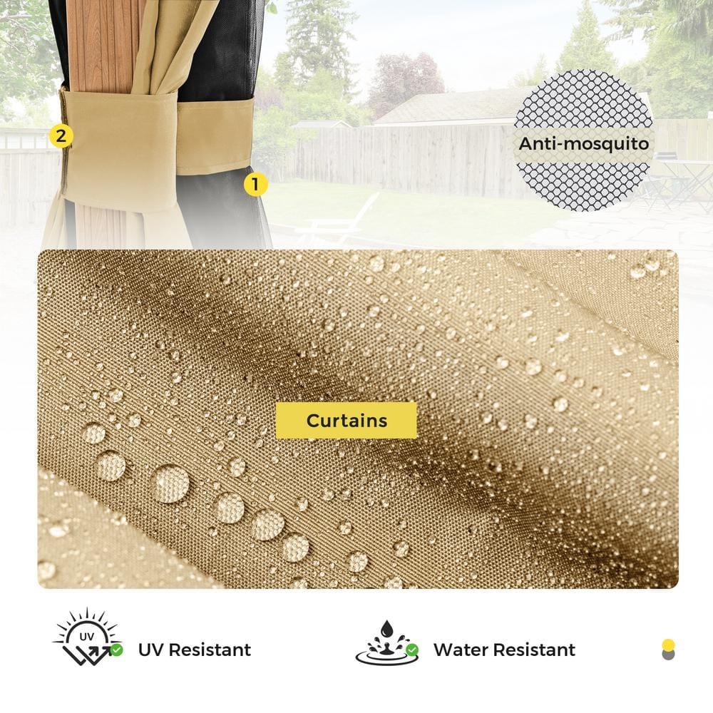 10 ft. x 12 ft. Double Roof Hardtop Wood Grain Aluminum Patio Gazebo with Netting and Khaki Curtains