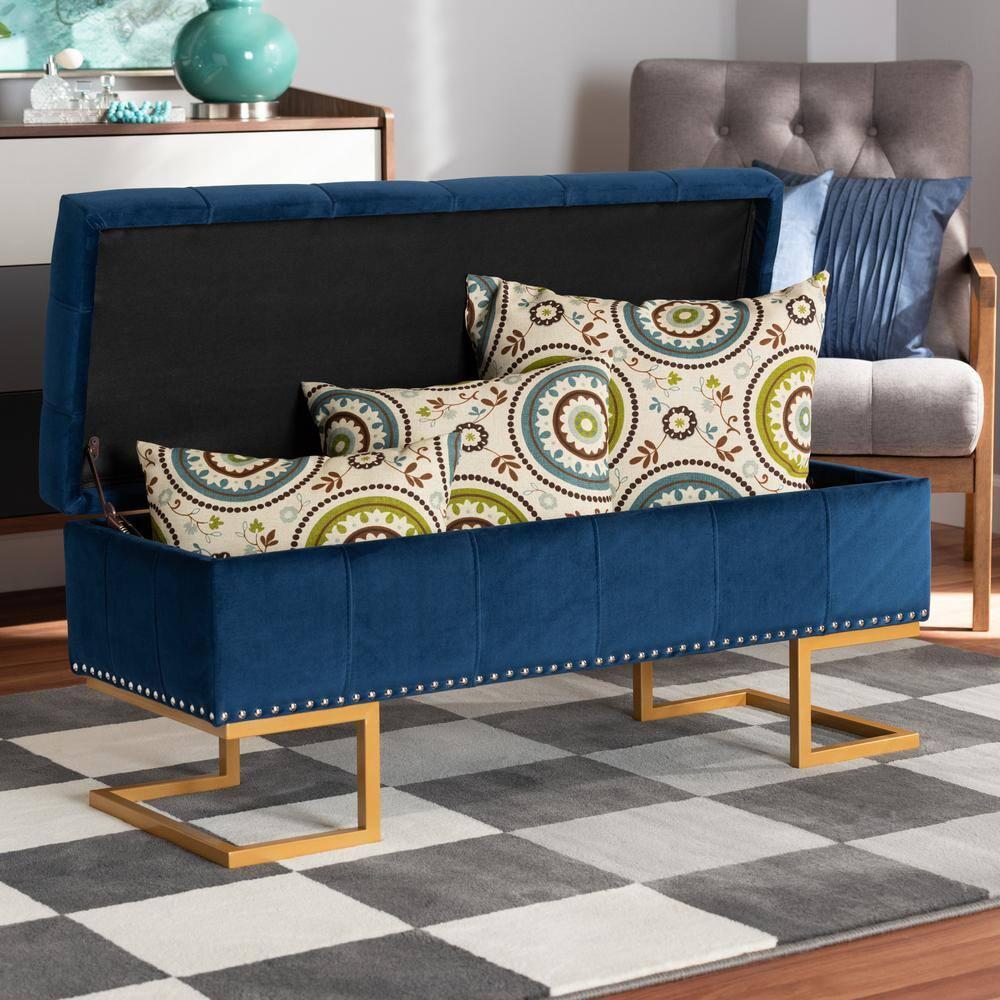 Ellery Velvet Fabric Upholstered Ottoman Gold/Blue - Baxton Studio: Storage, Nailhead Trim, Wood Frame