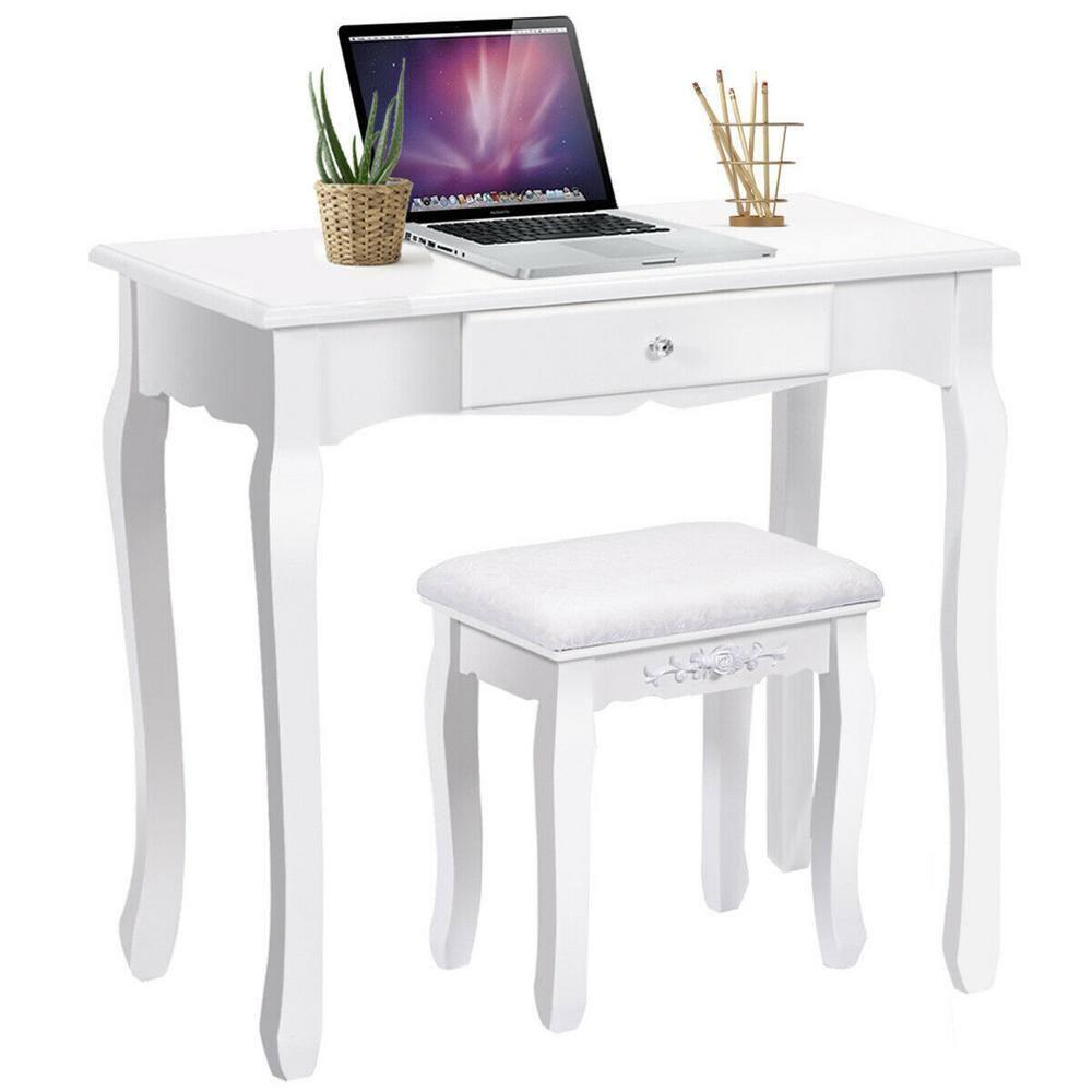 Tangkula Bathroom Vanity Wood Makeup Dressing Table Stool Set Jewelry Desk W/Drawer &Mirror White