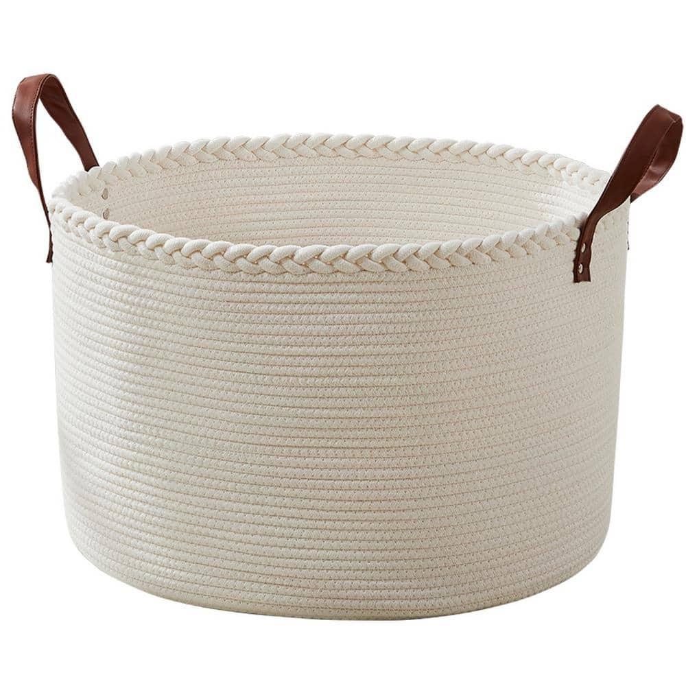 XLarge Round Cotton Rope Storage Basket Bin Organizer Laundry Hamper with Leather Handles, 21 x 21 x 14, Extra Large Blanket Woven Toy Basket for Baby Nursery - Cream
