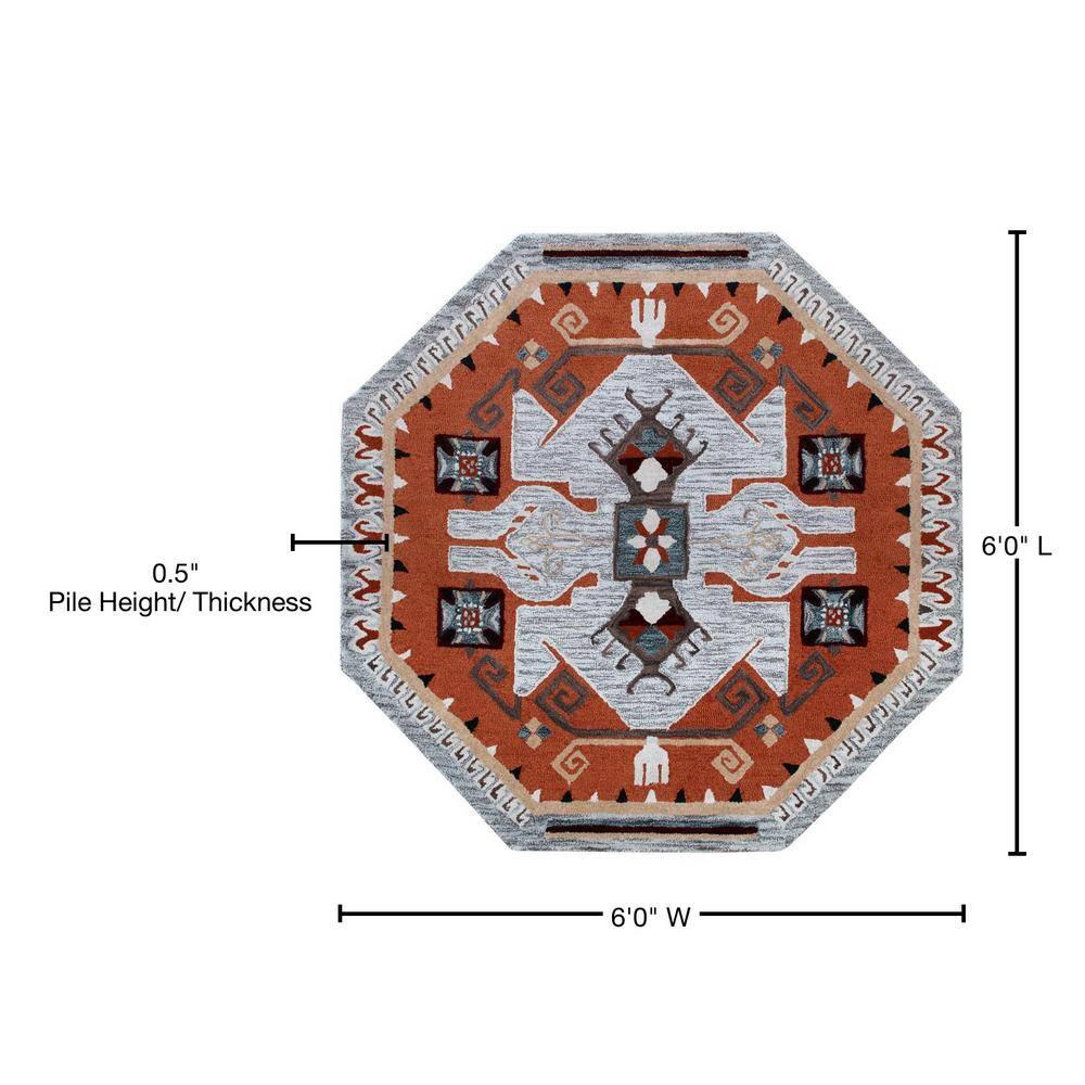 Ox Bay Terracotta Textile Southwestern Shape Rug, 6 ft. Octagon, Terracotta / Gray
