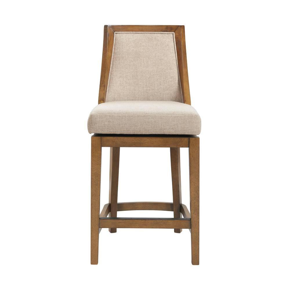 Alaterre Ellie Bar Height Stool, Back, Swivel Seat, Brown, Upholstered Padded Seat, Rubberwood Frame, Steel Memory Return Mechanism, Dimensions 19 in. W x 22 in. D x 46 in. H, Footrest, Metal Kick Plate