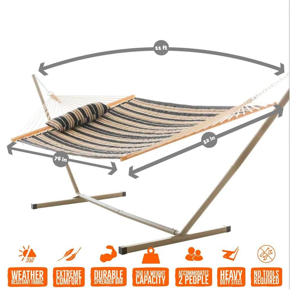 Castaway Living Beige & Black Stripe Large Quilted Hammock w/Patented KD Space Saving Stand & Detachable Pillow