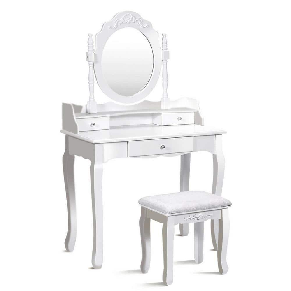 Tangkula Bathroom Vanity Wood Makeup Dressing Table Stool Set Jewelry Desk W/Drawer &Mirror White