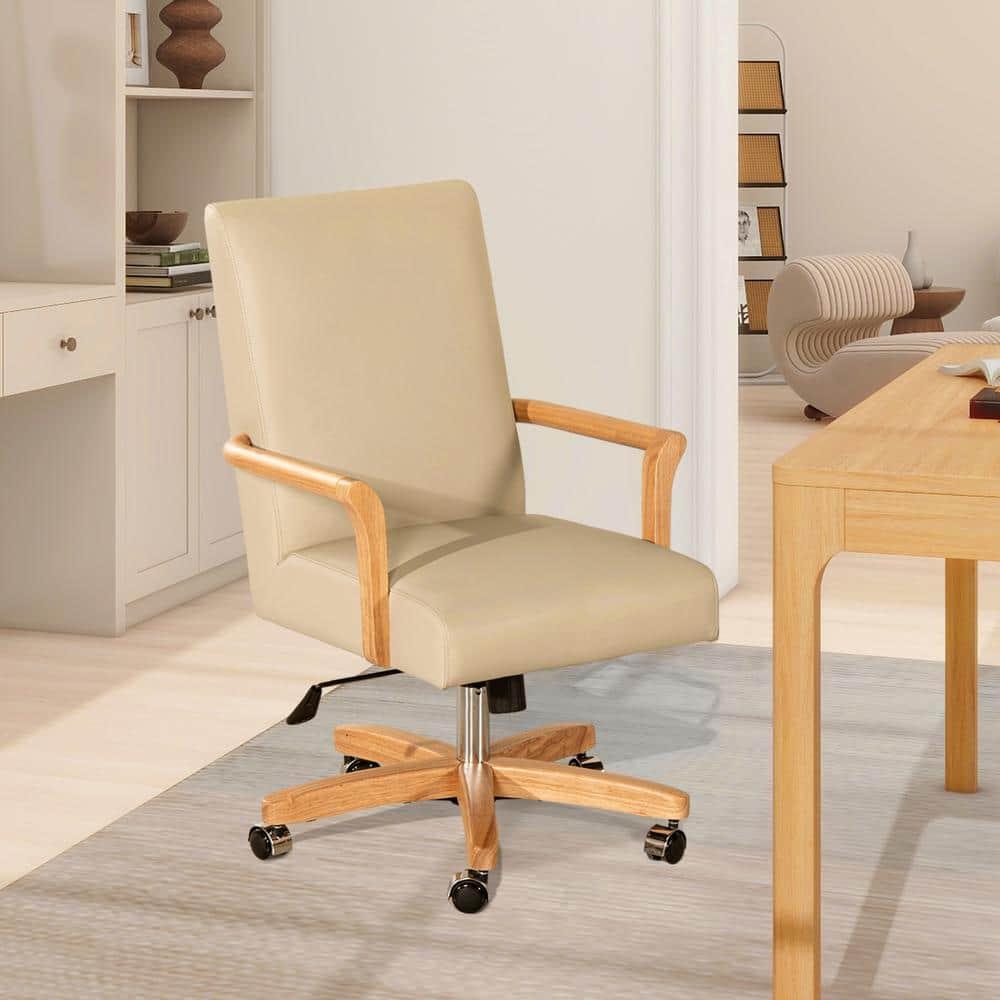 Dumont Modern Farmhouse High Back Executive Home Office Chair, Neutral Cream Beige Leather & Natural Wood