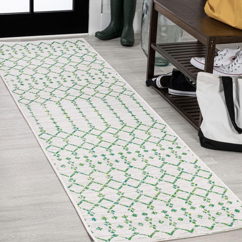 2' x 10' Ourika Moroccan Geometric Textured Weave Indoor/Outdoor Runner Rug, Green/Ivory - JONATHAN Y