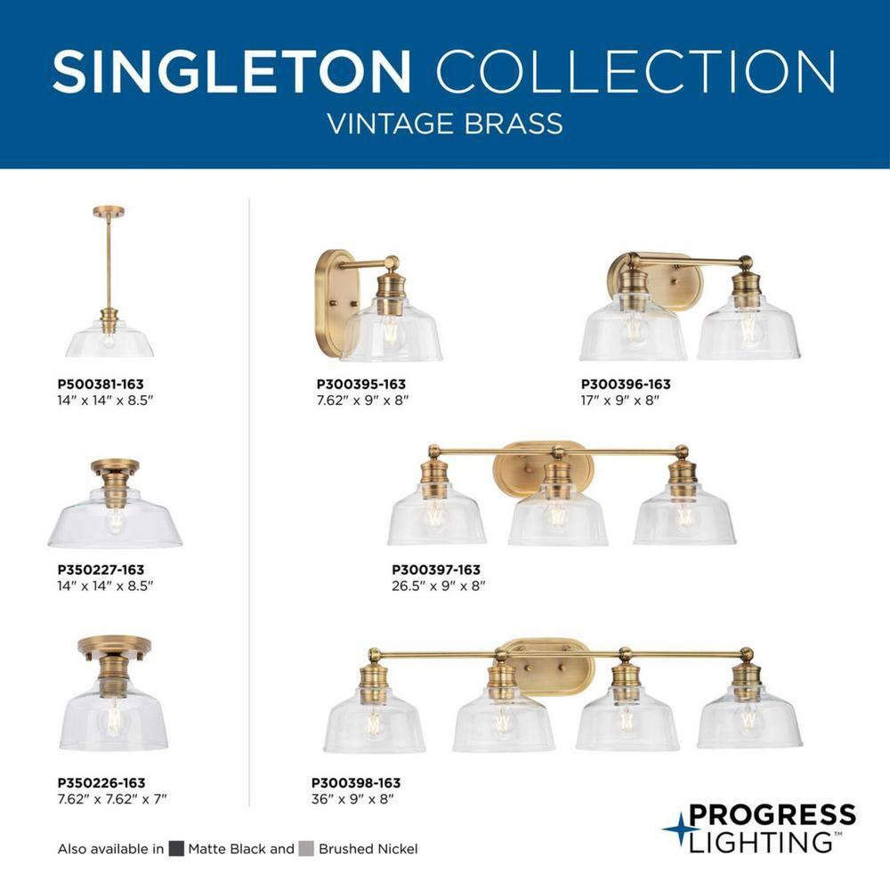 Progress Lighting Singleton 4-Light Vanity Fixture, Vintage Brass, Clear Glass