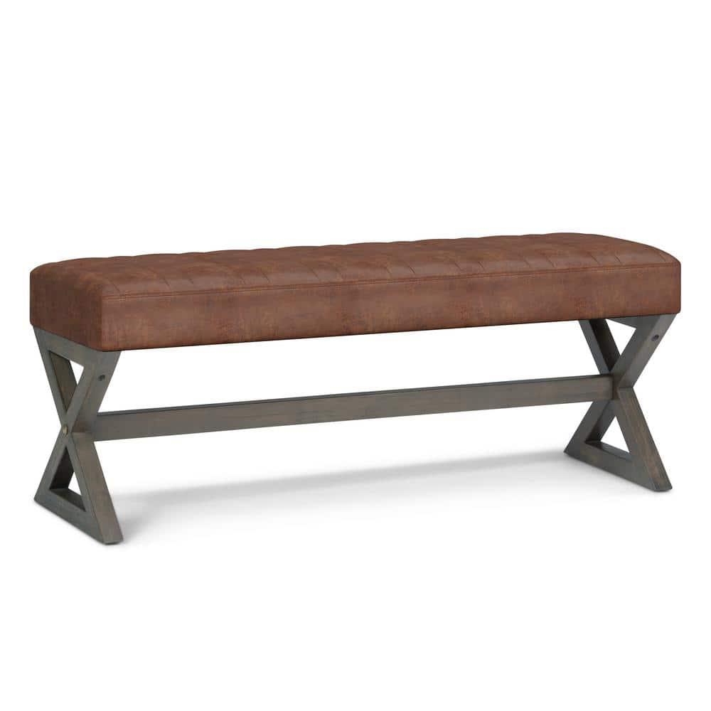 Simpli Home Salinger 48"W Large Ottoman Bench in Distressed Vegan Leather with Solid Wood Frame