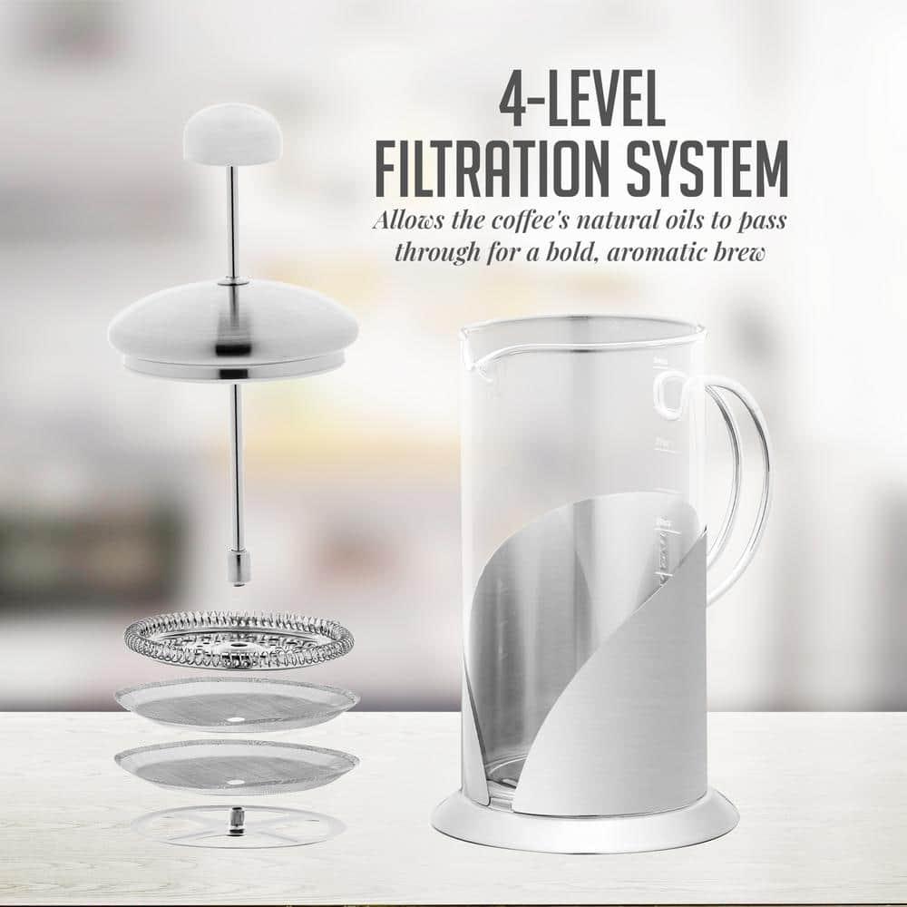 OVENTE French Press Coffee Maker, 4 Level Stainless Steel Filter System, Borosilicate Heat Resistant Glass Carafe with Free Measuring Scoop, Silver
