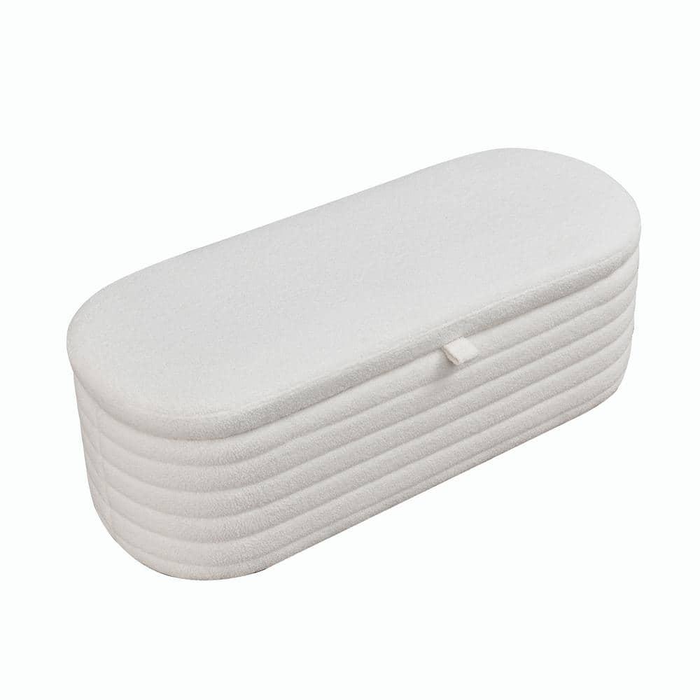 Modern Oval Storage Ottoman Bench, Upholstered Boucle Teddy Fabric End Of Bed Bench With Storage, End Of Bed Stool With Safety Hinge For Bedroom, Living Room, Entryway
