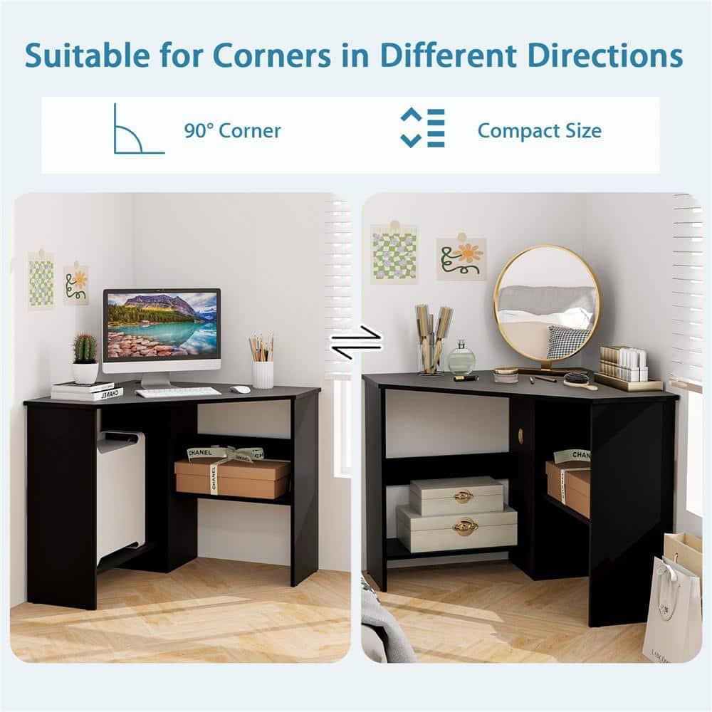 Costway Corner Computer Desk Triangle Writing Workstation w/ Storage Shelf Black