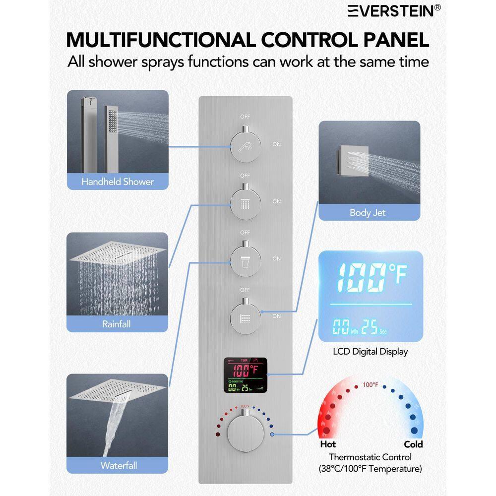 EVERSTEIN 12 in. Dual Rain Shower Heads System, 1.8 GPM Muti Spray Patterns Wall & Celling Mounted Shower Head with Handheld Shower Sparyer, Side Jets & Knob Valve Body, Brushed Nickel