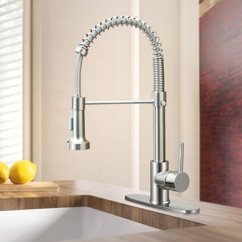1-Handle Pull Down Sprayer Kitchen Faucet Spring Stainless Steel Kitchen Sink Faucet in Brushed Nickel