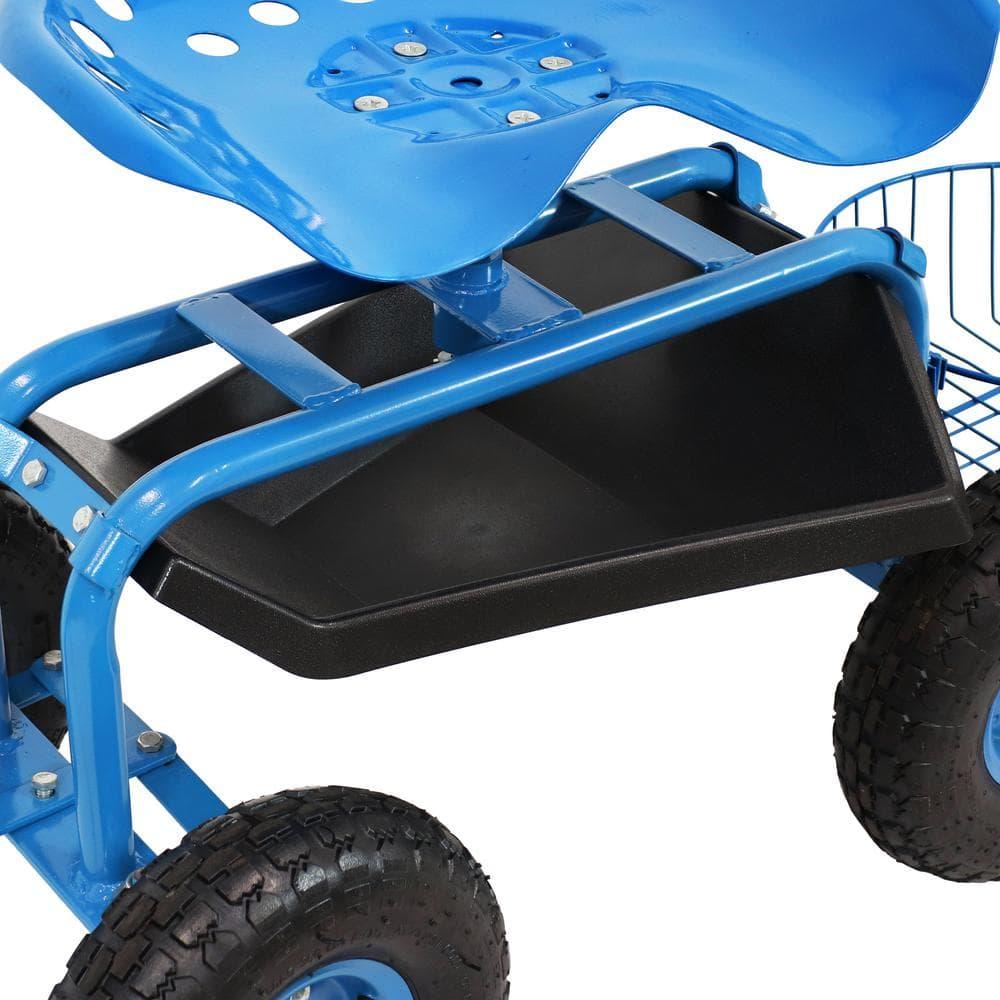 Sunnydaze Outdoor Heavy-Duty Steel Rolling Gardening Cart with Extendable Steer Handle, Swivel Chair, Tool Tray, and Basket - Blue