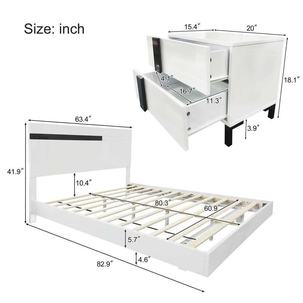 Modern High Gloss 3-Piece Bedroom Set Floating Bed Frame Queen Size Platform Bed with LED Light & 2 Nightstands, White