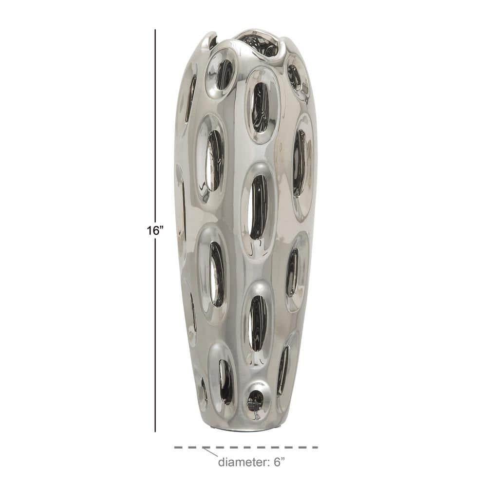 DecMode 16" Silver Ceramic Vase with Cut Out Designs