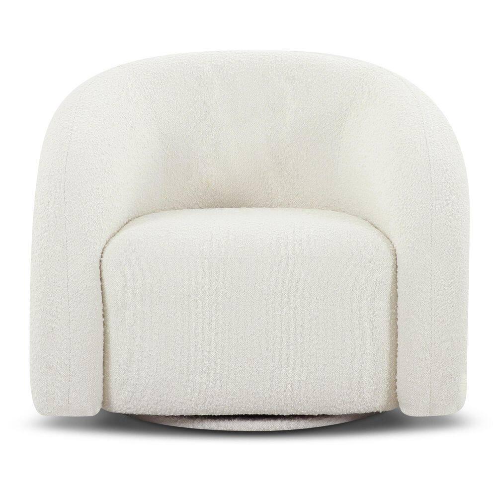 Ivory White Boucle Swivel Accent Chair with Wood Base