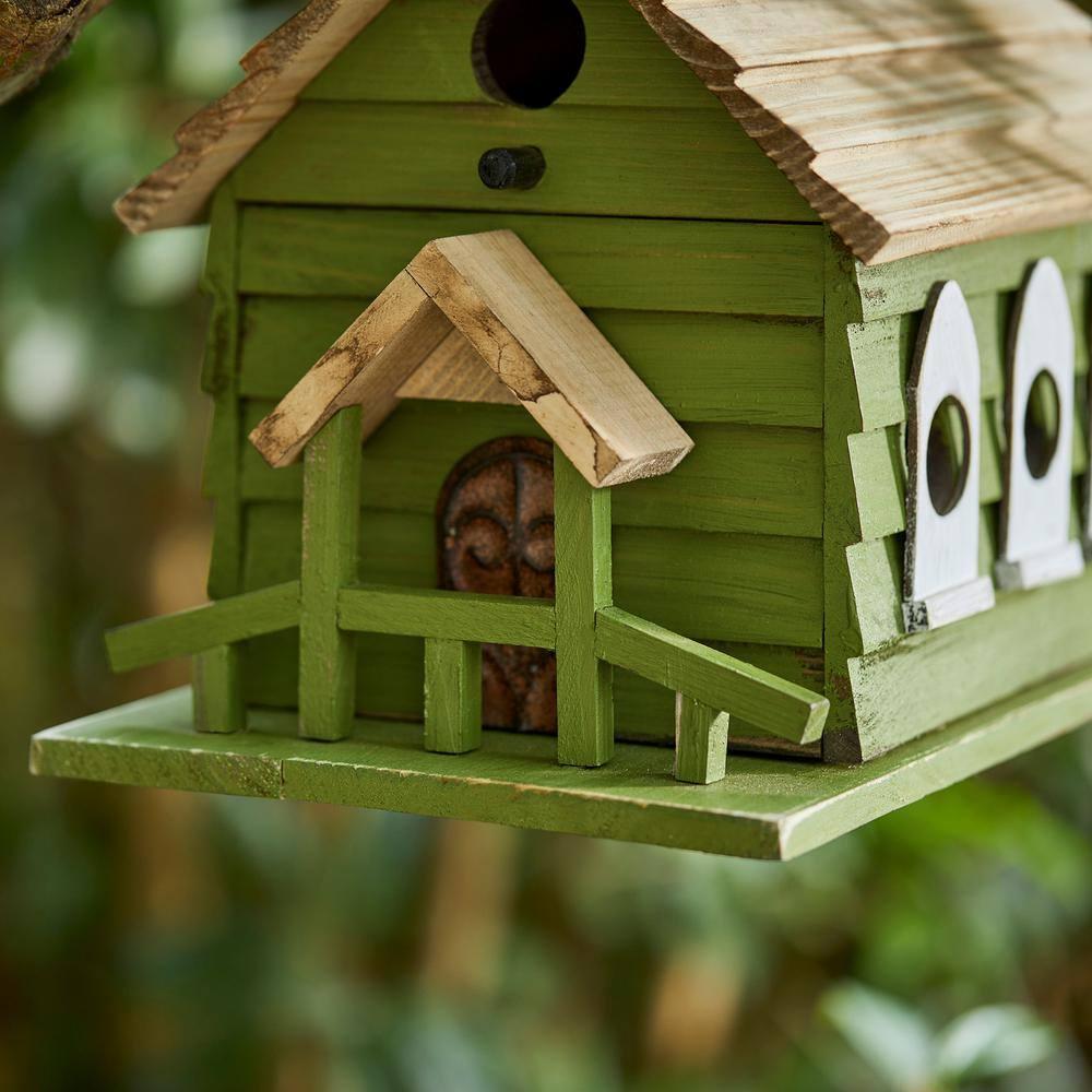 Green Hand Painted Wood Birdhouse with Distressed Details