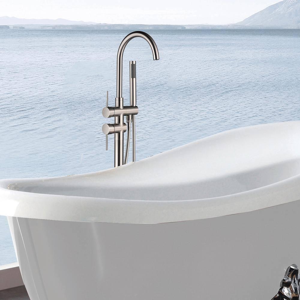 Double Handle Floor Mounted Freestanding Tub Filler With Handshower