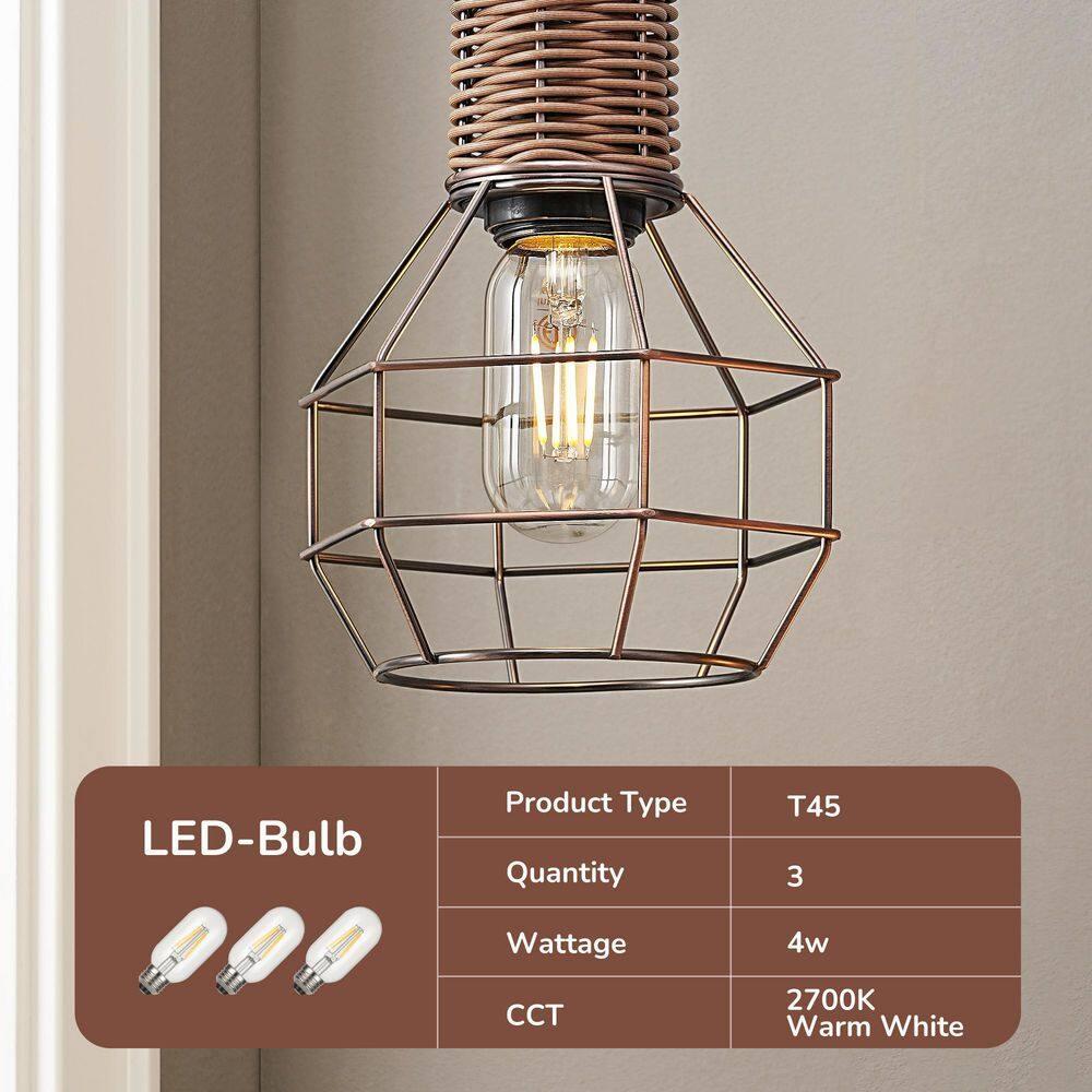 EDISHINE Dimmable Rustic Floor Lamp, Farmhouse Standing Lamp with 3 LED Edison Bulbs, Rattan Design Floor Lamps for Living Room, Bedroom, Reading Corner, Office, Electroplated Brushed Red Copper