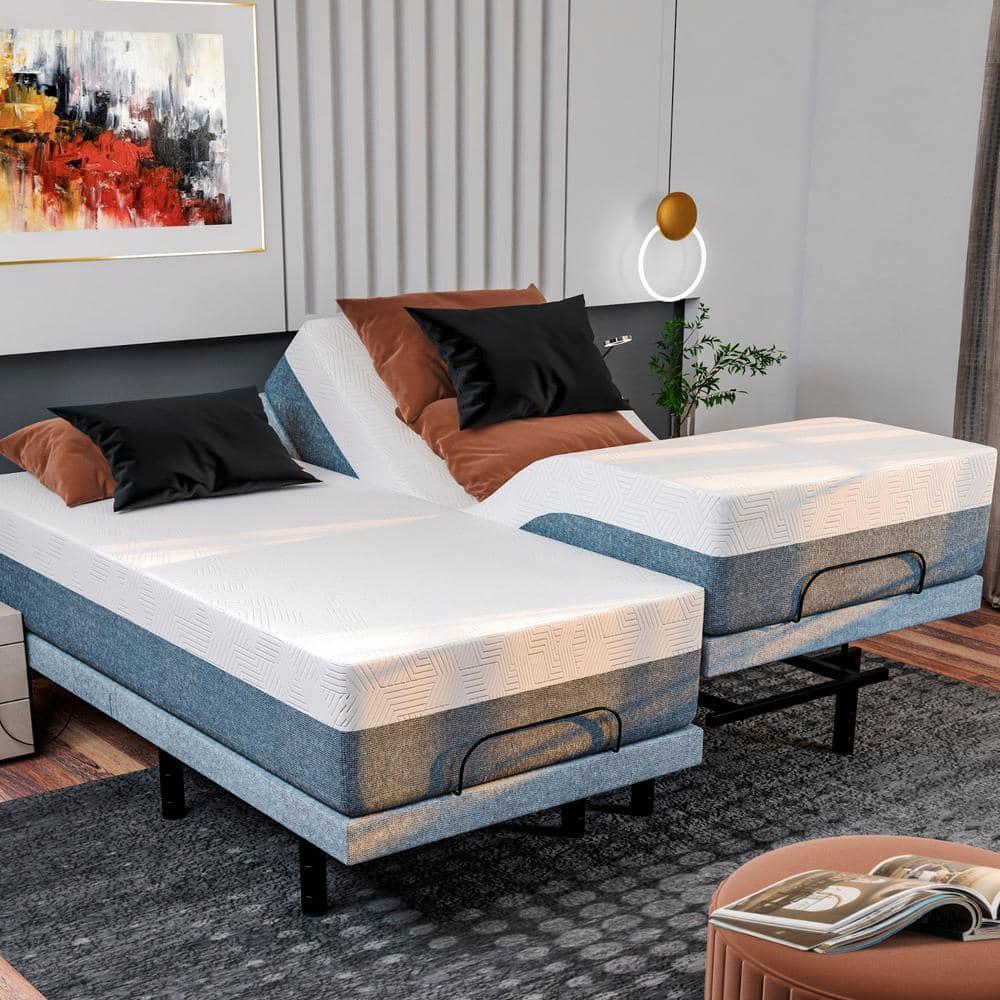 Renanim Serenityflex Adjustable Base & Hybrid Mattress – Split King-Size Adjustable Base with 12 in. Cooling Gel Mattress, Massage, USB Ports, Remote & Under-Bed Light – Reclining Electric Bed Frame