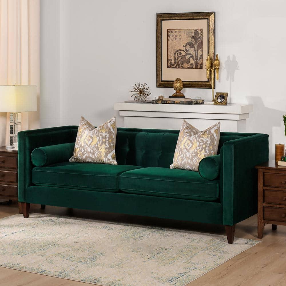 Jack 84" Velvet Tufted Tuxedo Sofa Double Cushion in Evergreen