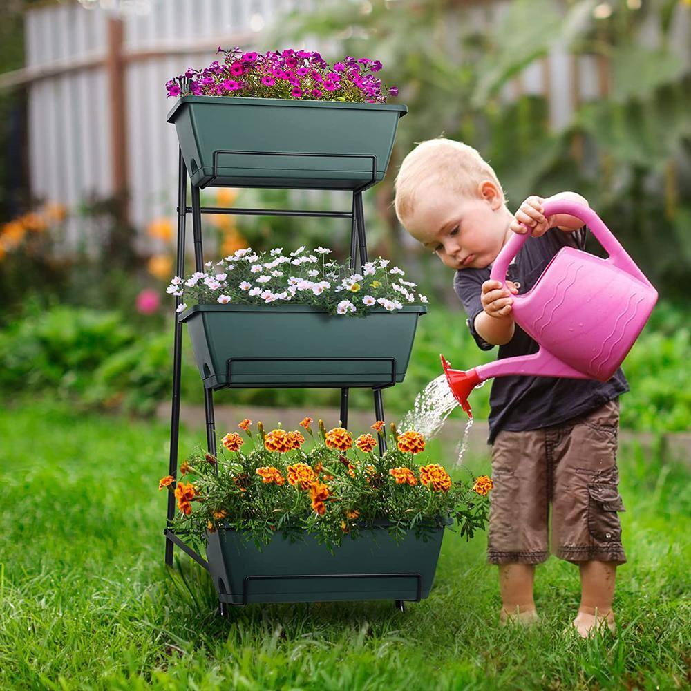 Raised Garden Bed 3 Tier Vertical Garden Planter Standing Garden Bed Planter Box Outdoor Herb Planter with Drainage Holes Removable Tray for Patio Balcony Porch Green C49