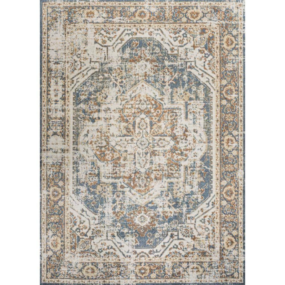 JONATHAN Y Keesha Bold Distressed Medallion Low-Pile Machine-Washable Blue/Cream 5 ft. x 8 ft. Area Rug