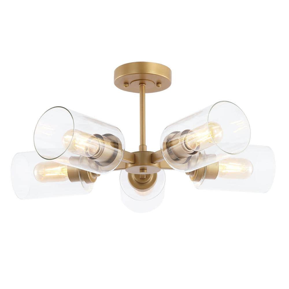 Jaynie 21.5" 5-Light Farmhouse Industrial Iron Cylinder LED Semi Flush Mount, Brass Gold/Clear