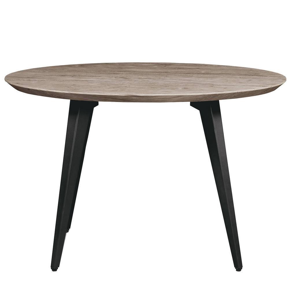 LeisureMod Ravenna Modern Round Wood 47" Dining Table with Metal Legs - Sleek Design, Perfect for Dining Rooms, Weathered Oak