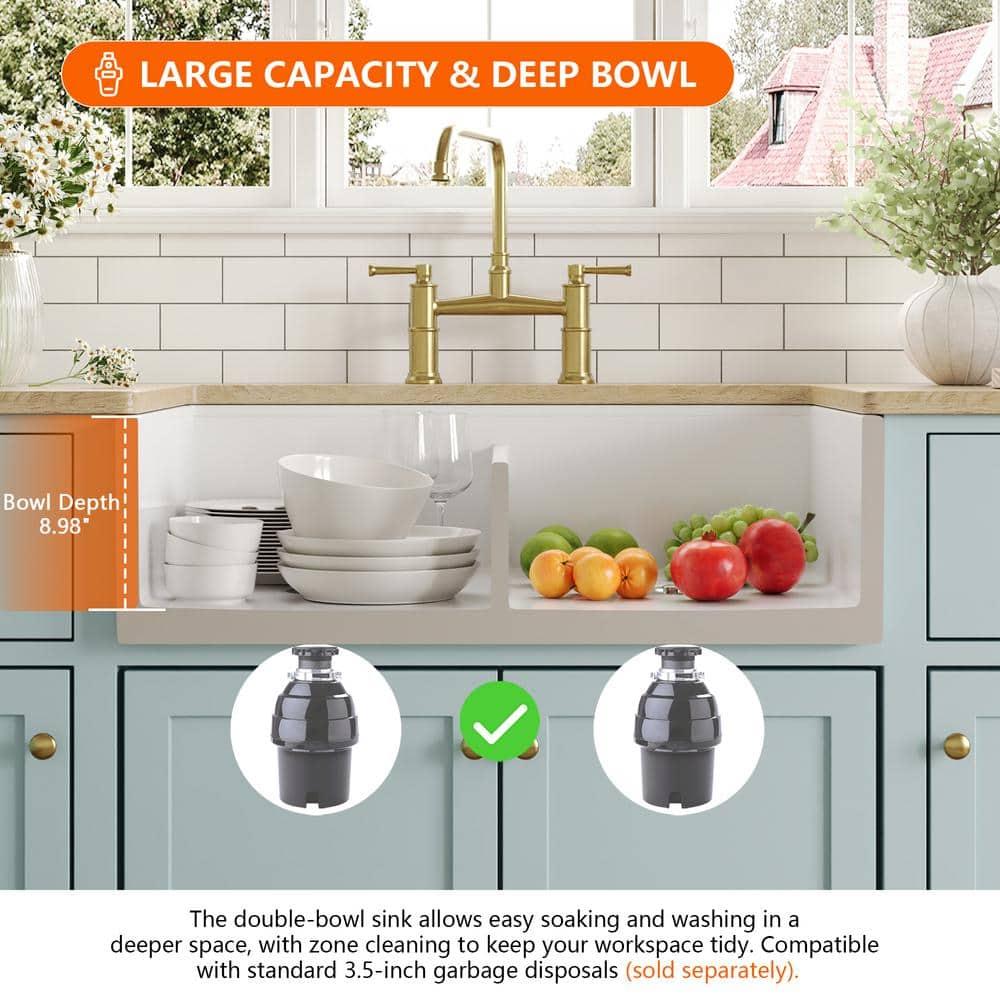 33" L X 20" W White Fireclay Double Bowl Workstation Farmhouse Kitchen Sink with Cutting Board And Dish-Drying Rack