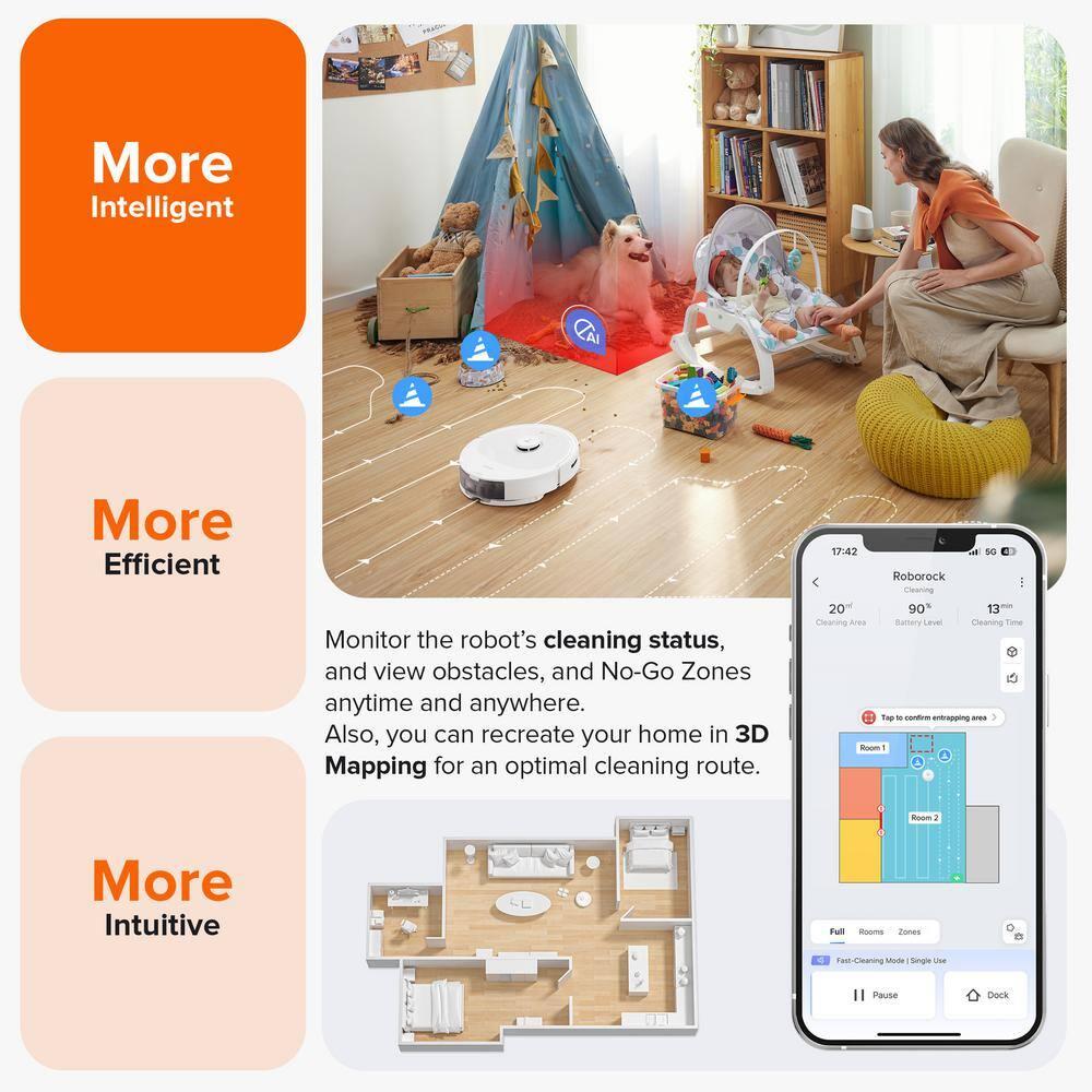 Q8 Max Robotic Vacuum White: Roborock, Cordless, Smart Mapping, App Controlled, Tangle-Free, Multi-Surface, 1-Year Warranty