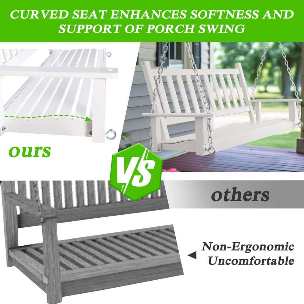 VEIKOUS 2-Seat Outdoor Porch Swing, Hanging Wooden Glider w/Hanging Chains for Patio, Backyard & Garden, White