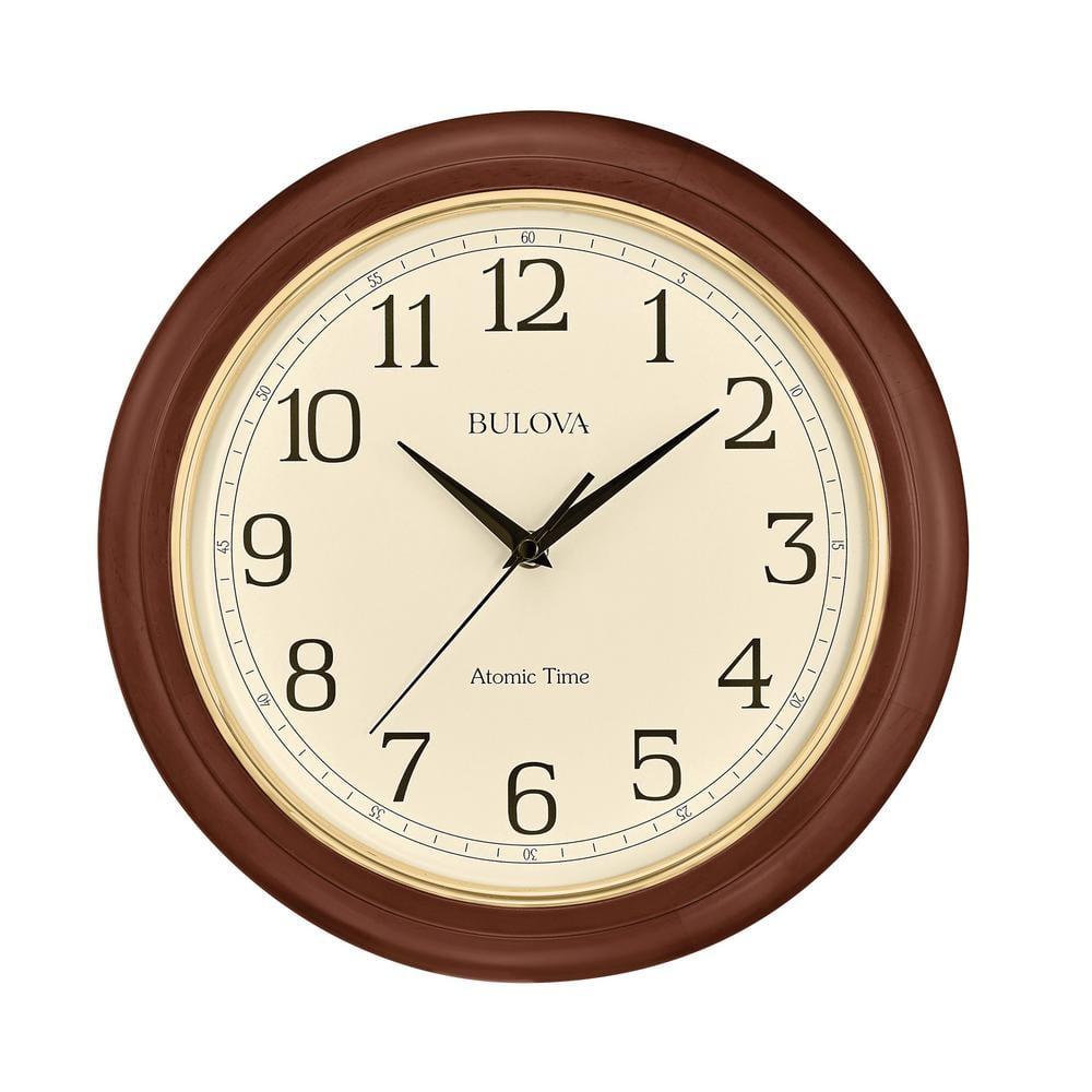 Bulova Clocks Atomic Time  Analog Quartz Wall Clock, Warm Brown Cherry
