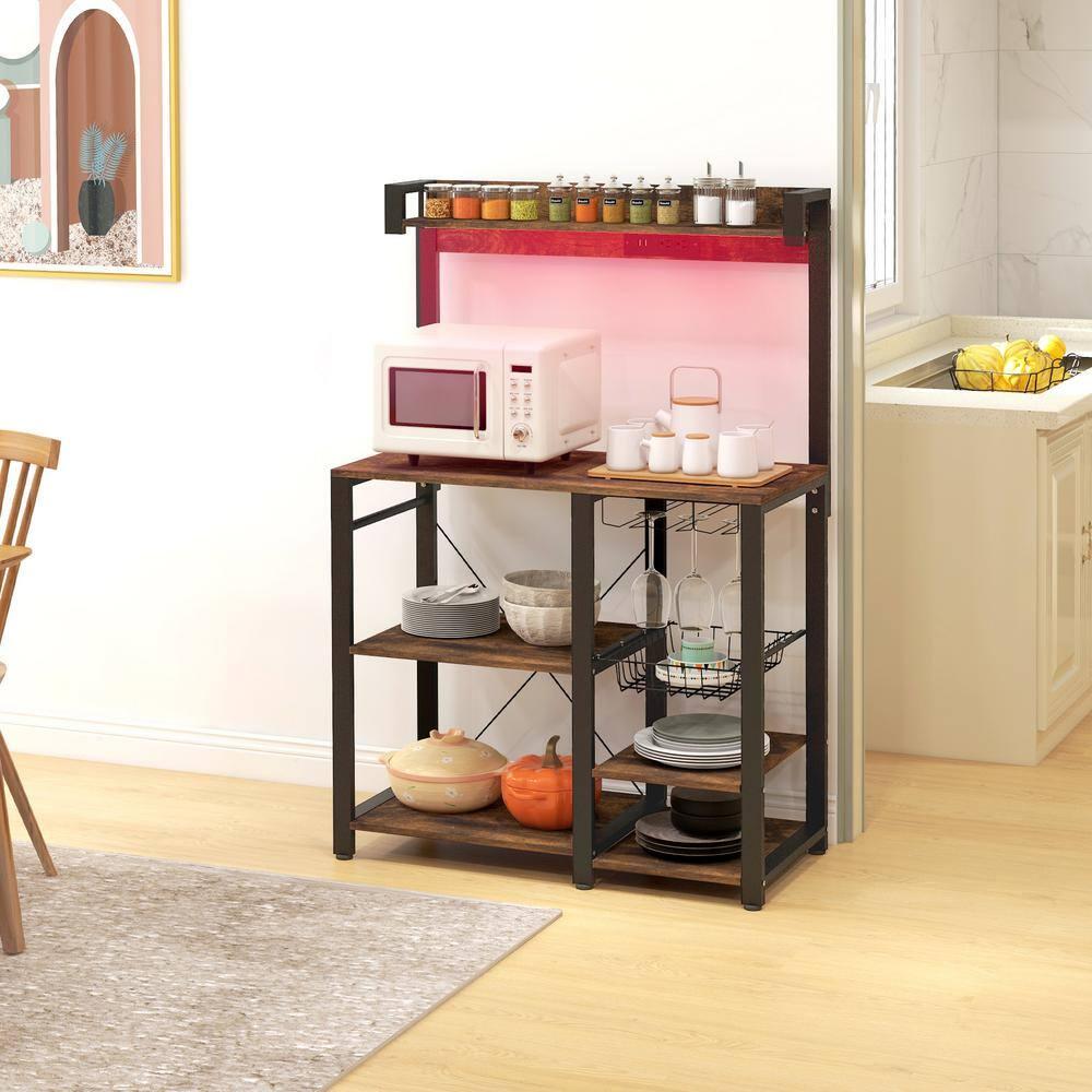 HOMCOM Industrial Kitchen Bakers Rack with Charging Station, RGB Lights, Glass Holders and Open Shelves, Rustic Brown