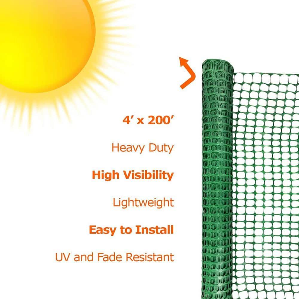 4 ft. x 200 ft., Plastic Mesh Fence 1 Green Roll Barrier Netting, Garden Fencing, 4 ft. Tall and 200 ft. L