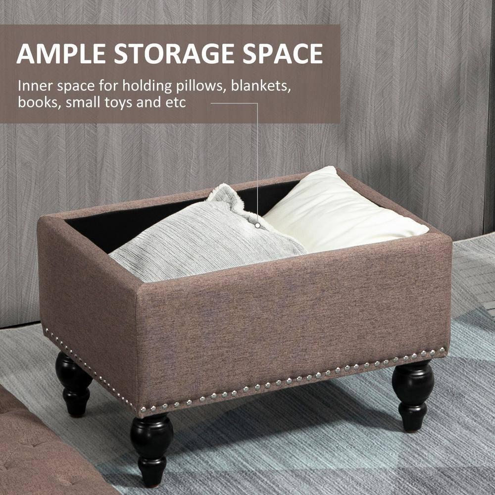 HOMCOM 25" Storage Ottoman with Removable Lid, Button-Tufted Fabric Bench for Footrest and Seat with Wood Legs, Coffee