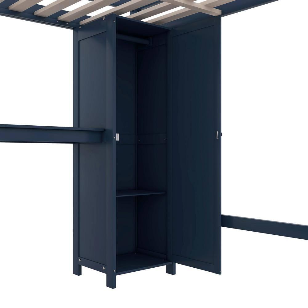 Dark Blue Full Size Wood Loft Bed with Wardrobe, Desk, Bookshelf and Cabinet