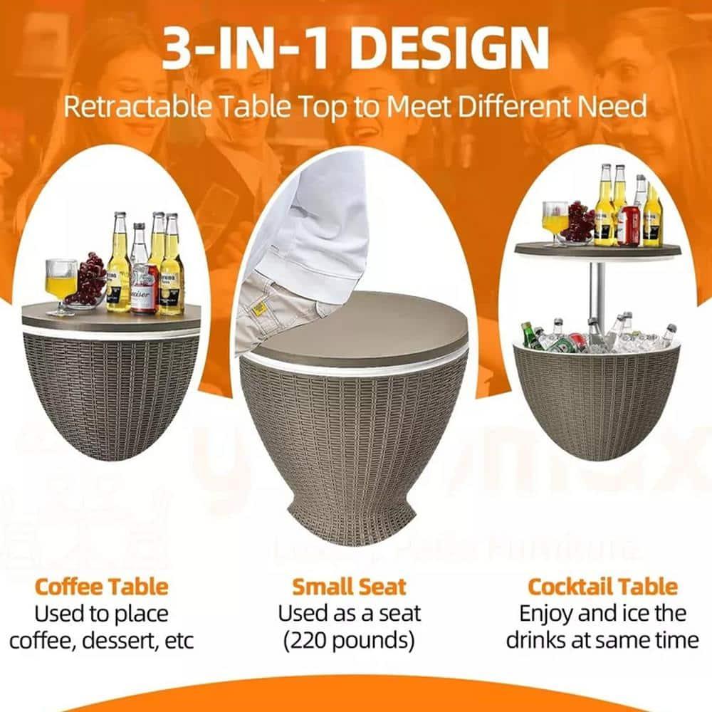 Topcobe 3 in 1 8 Gallon Patio Rattan Cooler Bar Table with Adjust Ice Bucket, Outdoor Patio Furniture for Balcony Garden Backyard -Brown