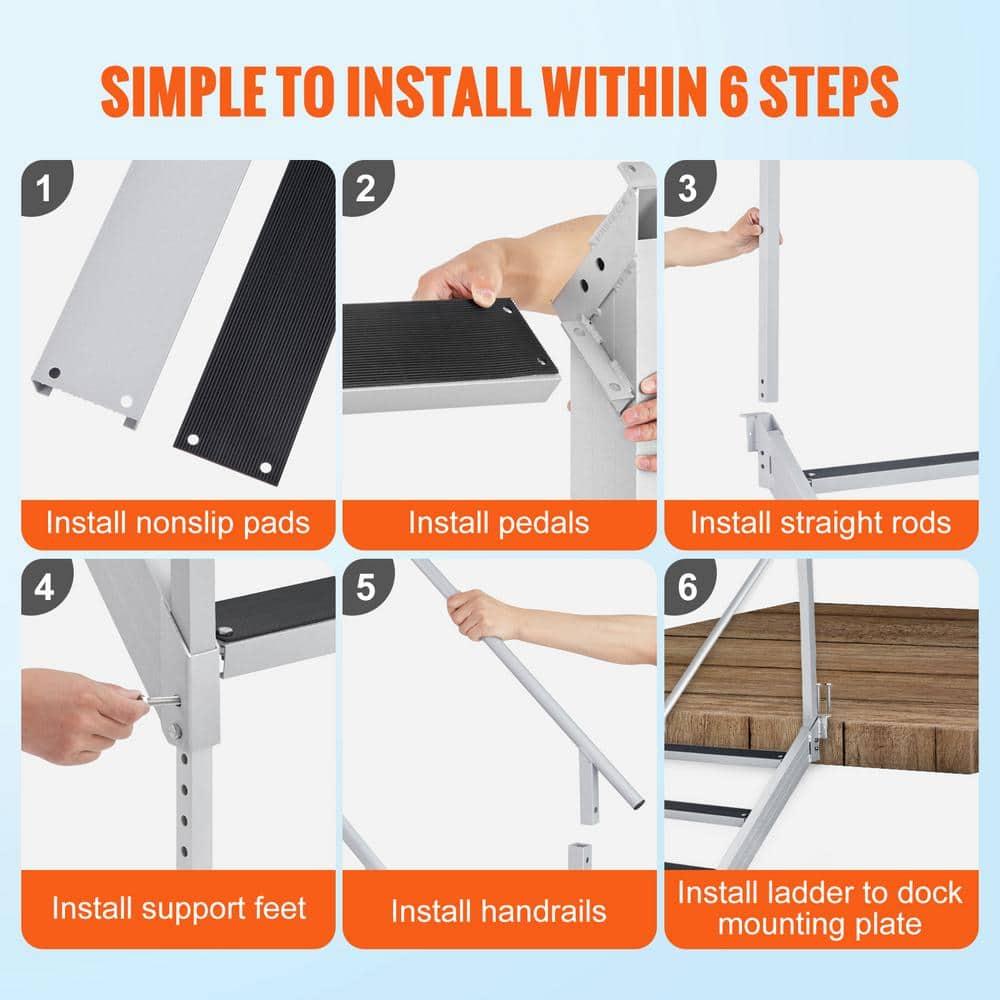 VEVOR Dock Stairs 4 Steps, 500lbs Load Pool Steps, Adjustable Height Aluminum Dock Ladders, Pontoon Boat Ladder with Handrails & Widen Nonslip Pedals for Lake/Pool/Marine Boarding/RV/House