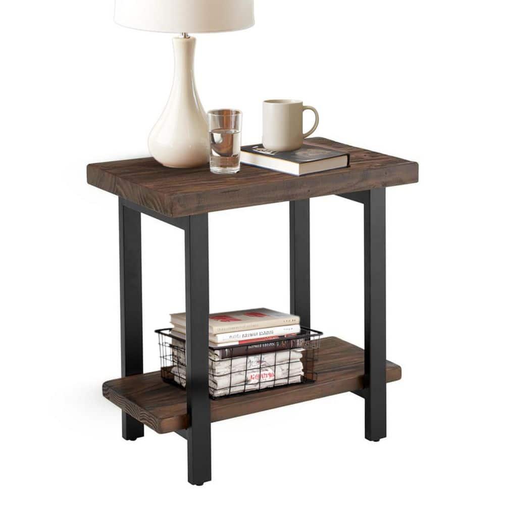 Pomona Solid Wood and Metal End Table with Shelf - Alaterre Furniture: Rustic Design, Fixed Shelf, Rectangle Shape