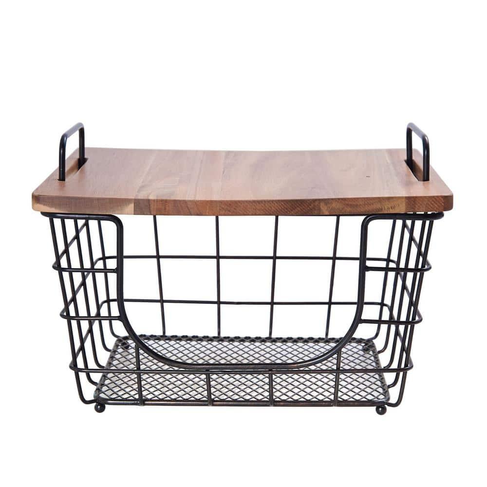 Gourmet Basics by Mikasa Madam Metal Stacking/Nesting Rectangular Basket with Acacia Lid, Antique Black