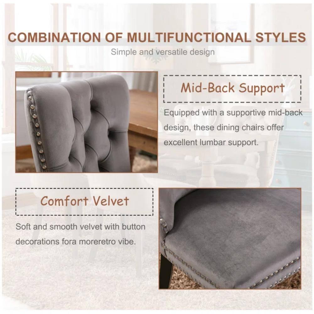 Modern Velvet Upholstered Dining Chairs with Back Button Nailhead Trim Accent Side Chairs with Wood Legs for Kitchen Dining Room(Gray,Set of 4)