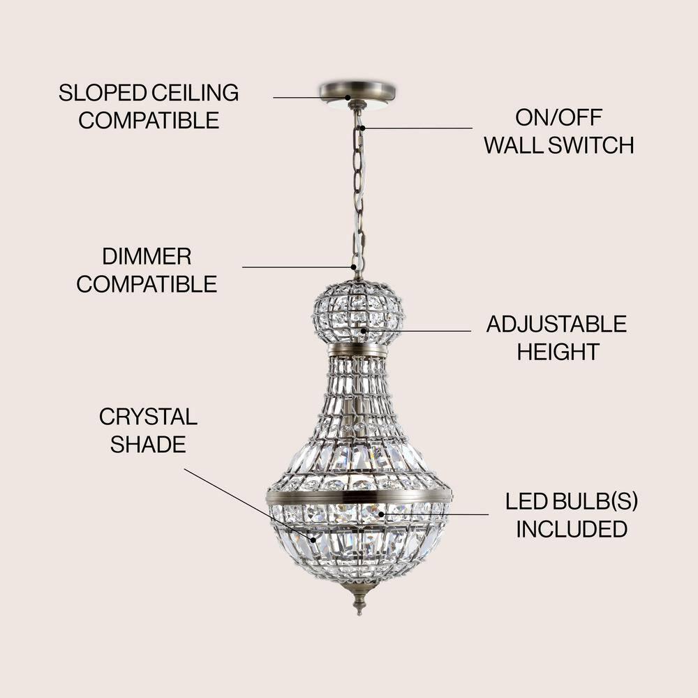 Regina 10" Crystal/Metal Empire LED Pendant, Antique Brass